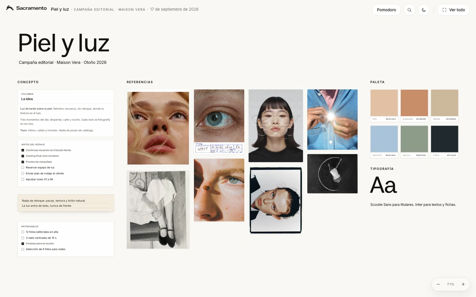 Board de una campaña con concepto, checklist de rodaje, referencias, paleta, tipografía y entregables