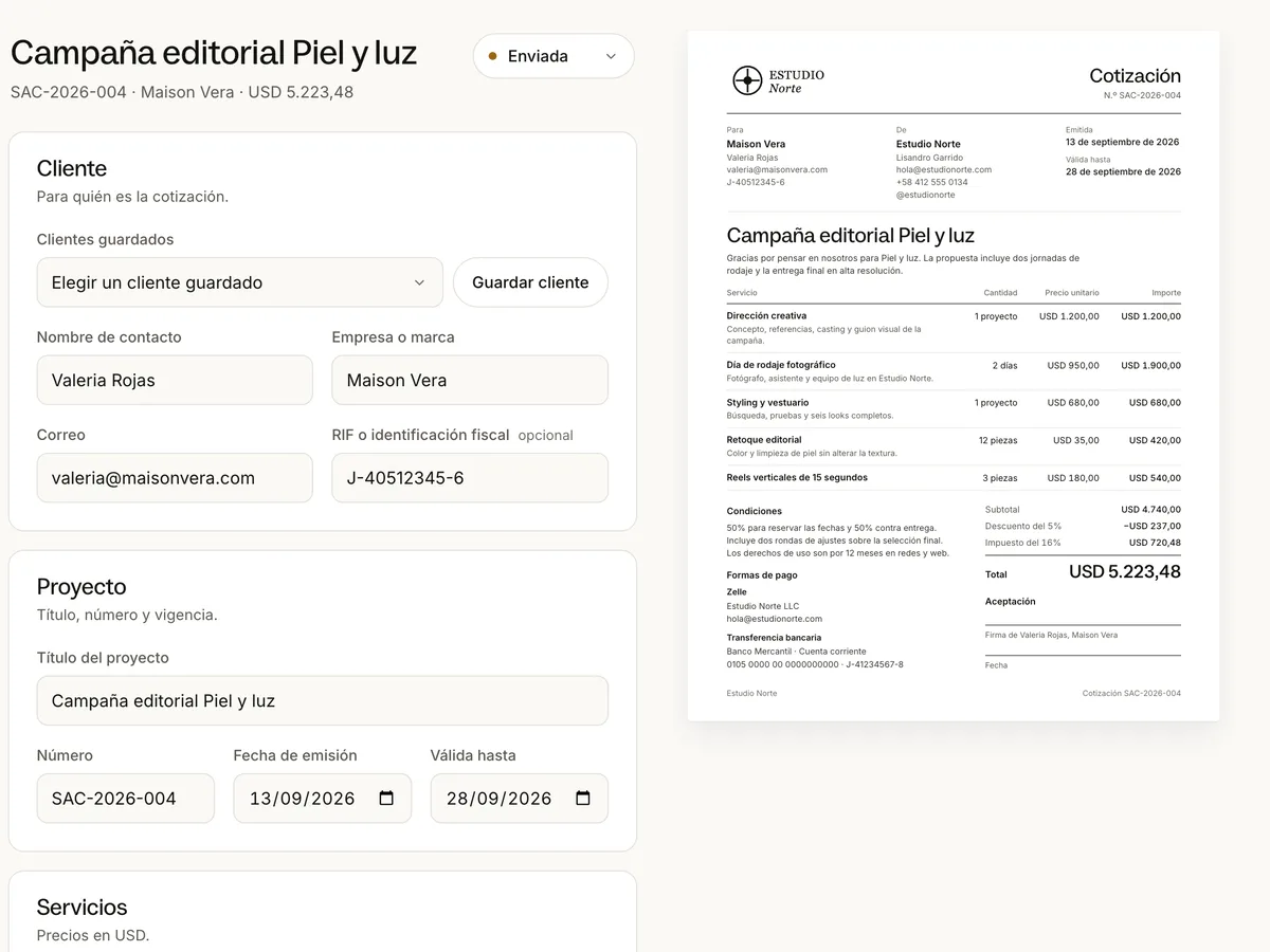 Editor de cotizaciones con la vista previa del documento para el cliente