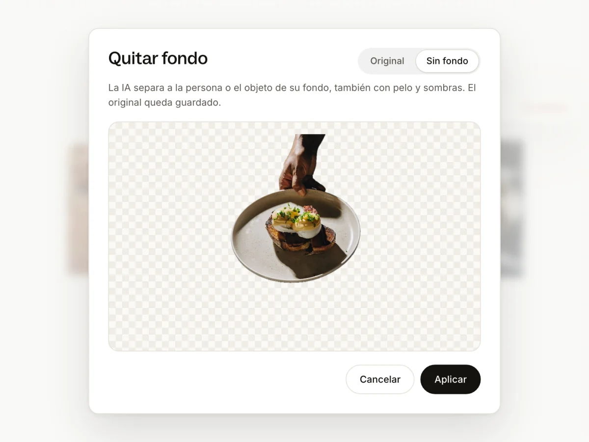 Ventana de quitar fondo con un plato recortado sobre fondo transparente