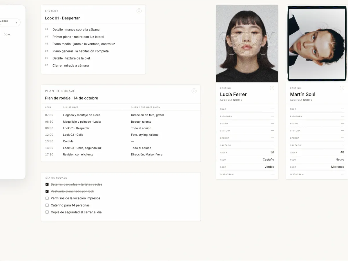Shotlist, plan de rodaje y ficha de casting en un board
